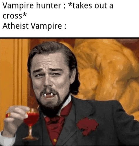 Not every vampire hunting/killing tactic works. Which clans DO play up to the classic tropes, & what would you change? Castlevania Funny, Leonardo Dicaprio Meme, Image Positive, Halloween Memes, Magnum Opus, Chuck Norris, Memes Humor, Leonardo Dicaprio, Dracula