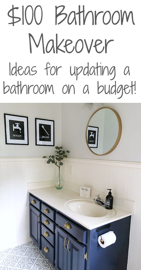 $100 Classic Farmhouse Bathroom Makeover - Lemons, Lavender, & Laundry Bathroom Makeover Ideas, Makeover Kamar Mandi, Bathroom On A Budget, Diy Bathroom Makeover, Bad Inspiration, Classic Farmhouse, Stenciled Floor, Diy Bathroom Remodel, Diy Bathroom Decor