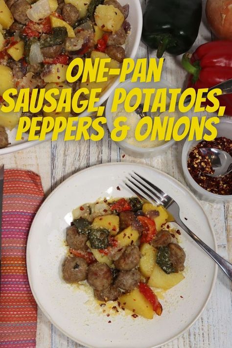 One-pan sausage, potatoes, peppers & onions on a plate with a full platter in the background, grated cheese and red pepper flakes Sausage Peppers Onions And Potatoes, Sausage Pepper Onions And Potatoes, Peppers Onions And Potatoes, Sausage Peppers Onions, Sausage Peppers And Onions, Sausage Peppers, Potato Dinner, Sausage Potatoes, Potato Onion