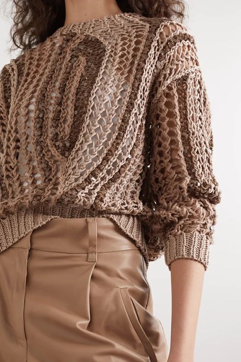 Brunello Cucinelli Opera sequin-embellished open-knit cotton-blend Knitwear Trends, Knitted Clothes, Yarn Sweater, Handmade Knitwear, Stylish Crochet, Embroidery Fashion, Knitwear Design, Casual Chic Style, Open Knit