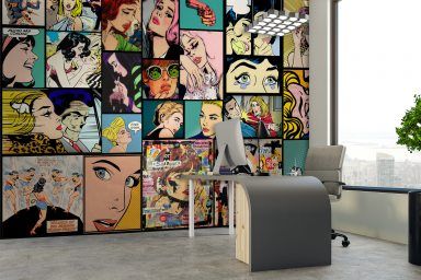 Living Room Wallpaper • Wallmur® Pop Art Faces, Faces Wallpaper, Pop Art Face, Comic Pop Art, Art Faces, Living Room Themes, Pop Art Comic, Pop Art Wallpaper, Library Decor