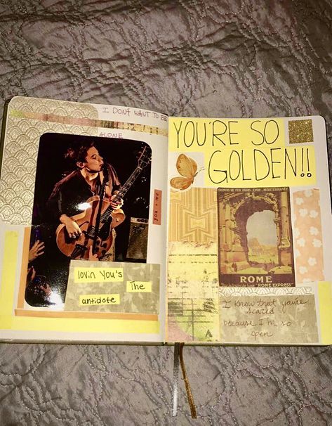 #journal #collage #golden #harrystyles #lyrics #journalling #inspo #inspiration #mixedmedia Golden By Harry Styles, Harry Styles Collage, Bujo Cover, Harry Styles Golden, Collage Journal, Journal Collage, Harry Styles, Mixed Media, Collage