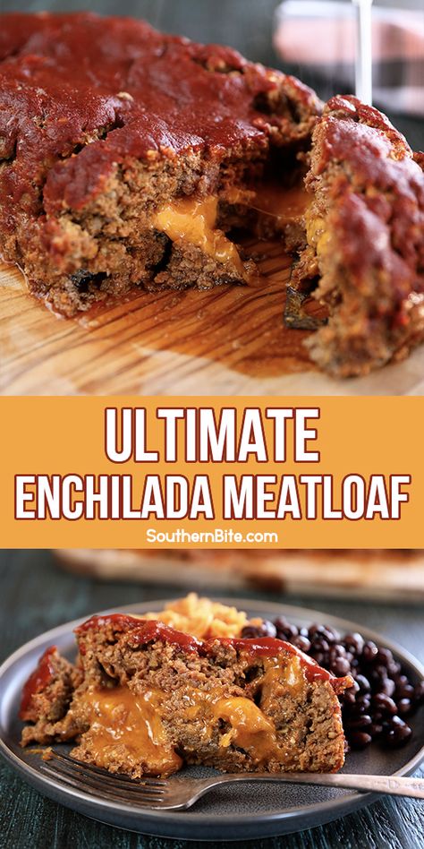 This cheesy Ultimate Enchilada Meatloaf adds tons of great Mexican flavor into the classic recipe. It's packed with green chiles, onions, garlic, taco seasoning, crushed tortilla chips, and cheddar cheese then topped with a delicious enchilada sauce! Taco Meatballs Ground Beef, Hungarian Meatloaf, Enchilada Meatloaf, Mexican Meatloaf, Beef Meatloaf, Good Meatloaf Recipe, Ground Meat Recipes, Green Chiles, Mexican Cooking