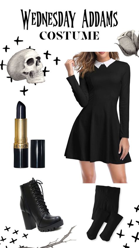 Cute & easy Halloween costume idea! Wednesday Addams from the Addams famiky! Cute Wednesday Addams, Costume Wednesday Addams, Addams Halloween Costume, Cute Wednesday, Easy Last Minute Halloween Costume, The Addams Family Halloween, Wednesday Addams Halloween, Addams Family Halloween, Halloween Wednesday