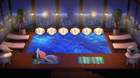 Acnh Indoor Pool, Animal Crossing Pool Design Code, Acnh Upstairs Room Ideas, Animal Crossing Pool, Acnh Pool, Penthouse Pool, Acnh Rooms, Anch Ideas, Acnh Interior