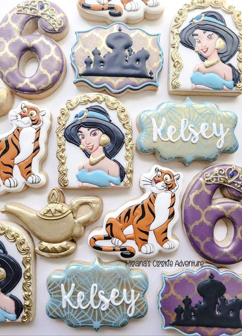 Disney Princess Birthday Cookies, Aladdin Birthday Party Decoration, Aladdin Cookies, Fairytale Cookies, Moana Cookies, Disney Princess Cookies, Aladdin Birthday Party, Princess Jasmine Birthday, Aladdin Party