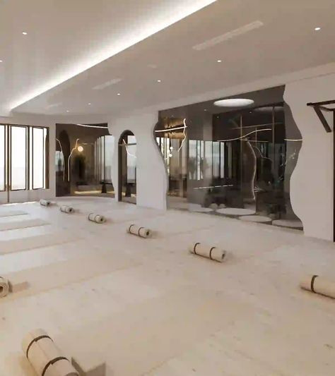 indoor female exercise ，gym studio design Female Gym Interior Design, Women Only Gym Interior, Dance Academy Interior Design, Fancy Gym Interior, Futuristic Gym Interior, Pilates Yoga Studio, Wellness Center Design, Pilates Room, Yoga Room Design