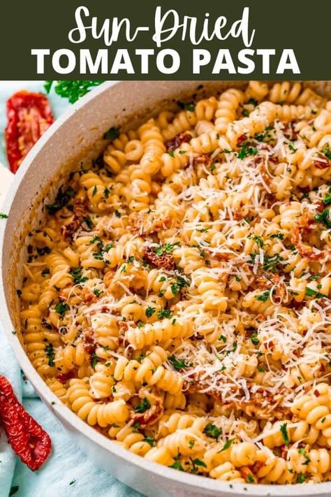 This creamy and delicious Sun-Dried Tomato Pasta is sure to be a hit with the entire family! It’s bursting with flavor and on the table in less than 30 minutes! Pasta Recipes Sundried Tomatoes, Spaghetti Pasta Salad, Dried Tomato Pasta, Sun Dried Tomato Pasta, Sundried Tomato Pasta, Chicken Fajita Pasta, Tomato Pasta Recipe, Sundried Tomato, Drying Pasta