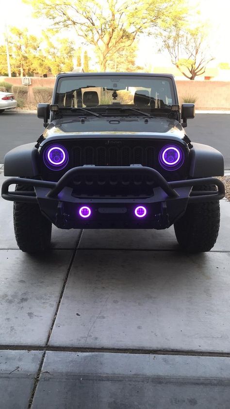 Jeep Wrangler Accessories - Jeep Wrangler JK, RGB halo headlights and fog lights, shining purple DRLs Jeep Wrangler Aesthetic Purple, Jeep Wrangler Purple Interior, White And Purple Jeep Wrangler, Lavender Jeep Wrangler, Jeeps Wrangler Aesthetic, Purple Jeep Aesthetic, Purple Jeep Accessories, Jeep Wrangler Exterior Ideas, Purple Jeep Wrangler Accessories