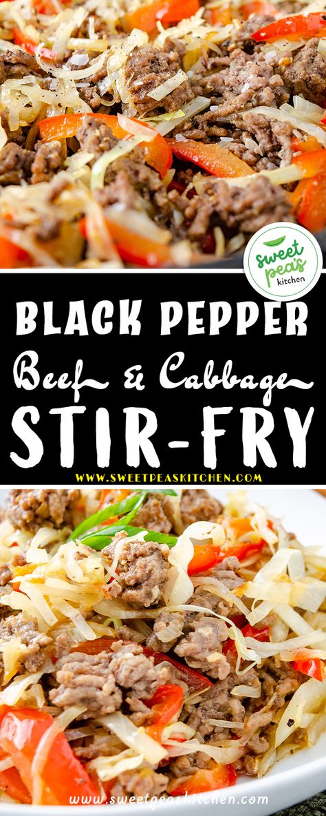 Black Pepper Beef and Cabbage Stir Fry Beef And Cabbage Stir Fry, Black Pepper Beef, Pepper Beef, Ground Beef And Cabbage, Beef Stir Fry Recipes, Beef Broccoli, Cabbage Stir Fry, Beef And Cabbage, Stir Fry Recipe