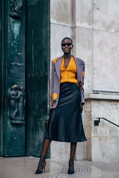 PFW Day 6 Adut Akech, New Year’s Eve Outfit, 2020 Street Style, Weather Outfits, Cold Outfits, Eve Outfit, Plunge Dress, New Years Eve Outfits, Street Style Trends