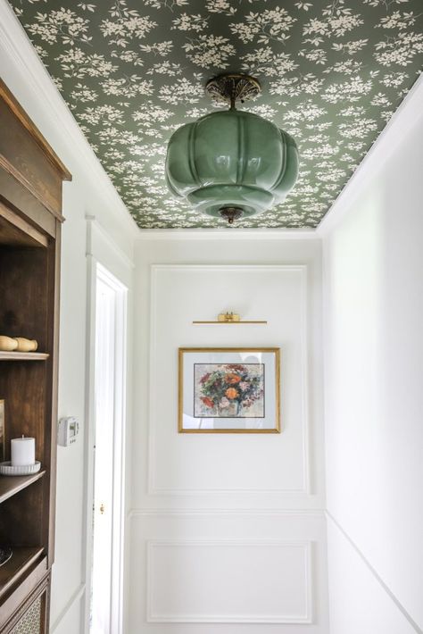 How to Hang Peel and Stick Wallpaper on Ceiling : Split Level Entry Wallpaper, Pattern Wallpaper Hallway, Textured Wallpaper Staircase Wall, Wallpaper Ceiling Dining Room Modern, Wallpapered Archway, Paneling With Wallpaper Inside, Wallpaper Entryway Ceiling, Ceiling Wallpaper Living Room, Wallpaper On Built In Shelves