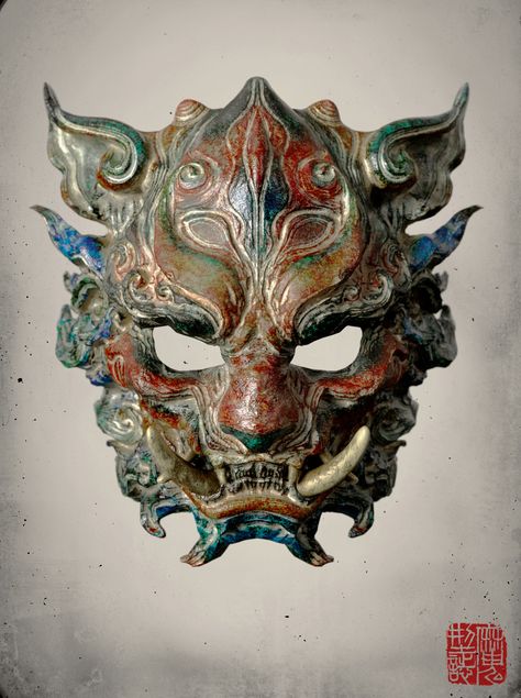 The MASK of Buddha's lion warrior attendant, JUN YOU on ArtStation at https://www.artstation.com/artwork/1YqJG Mascara Oni, Lion Warrior, Lion Mask, Fu Dog, Japanese Mask, Oni Mask, Cool Masks, Masks Art, The Mask