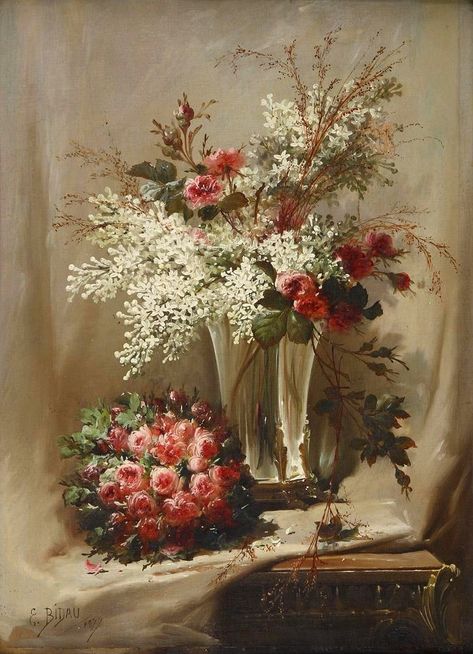 Eugene Bidau  (1839-1899) — Lilacs and Roses, 1877  (724x1000) Eugene Bidau, Wildflower Paintings, Blog Art, 19th Century Art, Painting Flowers, Vintage Poster Art, Still Life Art, Arte Floral, Cross Stitch Flowers