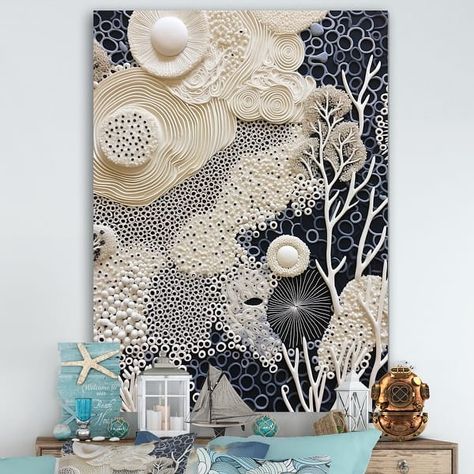 Designart "Abstract Black And White Corals Reef IV" Coastal Coral Under Water Wall Art - Bed Bath & Beyond - 39936475 Coral Wall Art, Ocean Wall Decor, Coral Art, Abstract Black And White, Water Walls, White Coral, 3d Wall Art, Coastal Wall Art, Abstract Canvas Art