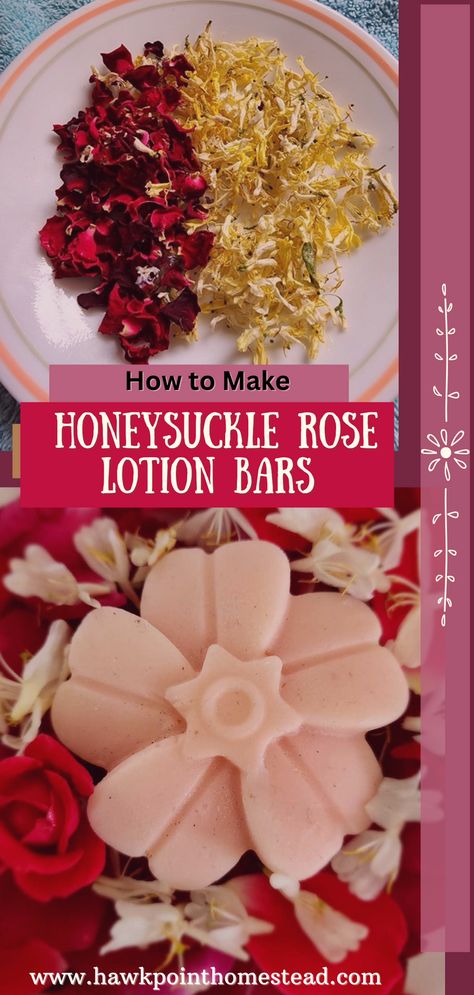 This honeysuckle rose lotion bar recipe only takes a few simple ingredients and is easy to make. The recipe makes luxurious lotion bars with great benefits for the skin.  They also make a great gift! Using the lotion bars on your skin makes it feel soft and silky! The lotion in solid form can be used as massage bars for rough elbows and knees and do not have a greasy feel. Even better than regular lotion! Rose Salve, Rose Lotion, Homemade Salve, Lotion Bars Diy, Homemade Lotion Bars, Lotion Bars Recipe, Salve Recipes, Massage Bars, Diy Lotion