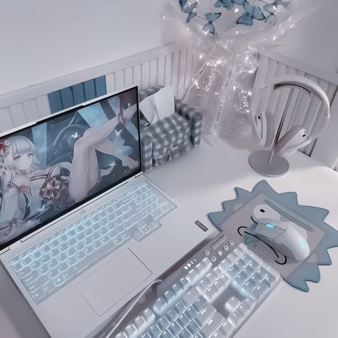 Cybercore Decor, Cheengu Blue, White Desk Setup, Aesthetic Setup, Roblox Oc, Laptop Decoration, Cool Kids Bedrooms, Gamer Setup, Blue Desk