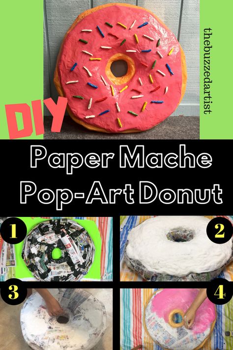 Donut Paper Mache Pop Art | Step-by-Step Acrylic Painting Tutorial for Beginners Paper Mache Elementary Art Projects, Sweet Treats Art Project, Donut Paper Mache, Paper Mache Donut Diy, Paper Mache Elementary Art, Paper Mache Pop Art, Paper Mache For Beginners, Easy Paper Mache For Kids, Pop Art Sculpture Ideas