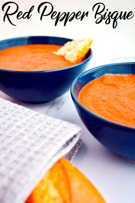 This is no ordinary roasted red pepper soup recipe. Sweet caramelized roasted pear and cherry tomato elevate the taste of this rich satisfying bisque, along with other secret ingredients. It's vegan, healthy, easy, whole30 compliant, and deliciously smooth and creamy. Just pop everything in the oven and whizz up in a blender! Roasted Red Pepper Bisque, Red Pepper Bisque, Red Pepper Soup Recipe, Vegan Stew Recipes, Pepper Soup Recipe, Bisque Soup Recipes, Spicy Vegetarian Recipes, Spicy Vegan Recipes, Bisque Soup