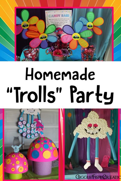 Easy handmade and homemade decorations for a Trolls birthday party    GiggleFish_Homemade Trolls party Diy Trolls Birthday Party, Trolls Party, Trolls Birthday Party, Troll Party, Bumbo, Mia 3, 6th Birthday Parties, 4th Birthday Parties, Third Birthday