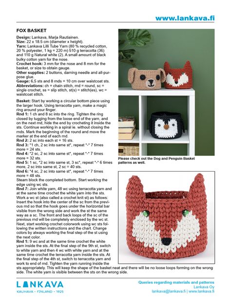 Crochet Fox Basket Pattern Free, Crochet Fox Basket, Fox Basket, Basket Pattern, Basket Design, Pattern Free, Chain Stitch, Room Diy, Recycled Cotton