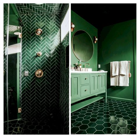 Emerald Green Shower Tile, Green Bathroom Floor Tiles, Green Bathroom Floor, Green Hexagon Tile Bathroom, Deep Green Bathroom, Green Bathroom Tile Ideas, Green Hexagon Tile, Green Bathroom Tile, Emerald Green Bathroom