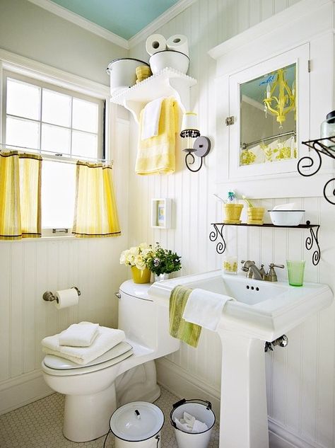 22 Ideas Small Bathroom Decorating Pictures | nijihomedesign. Bilik Mandi Kecil, Makeover Kamar Mandi, Bathroom Decor Pictures, Half Bathroom Decor, Bilik Air, Bathroom Plan, Blue Ceilings, Yellow Bathroom, Pretty Bathrooms