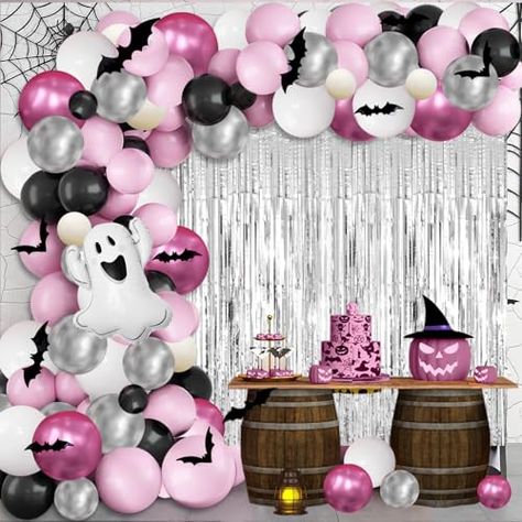 MEHOFOND Little Boo Halloween Party Decorations for Girls 200 Pcs, Pink and Silver Balloon Garland Arch Kit with Foil Curtain for Halloween Birthday Baby Shower Party Decor Pink And Silver Balloon Garland, Silver Balloon Garland, Ribbon Balloon, Baby Shower Party Decor, Silver Balloons, Halloween Balloon, Foil Curtain, Bat Wall, Halloween Party Decorations