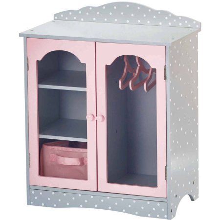 Olivia's Little World - 18 inch Doll Furniture - Fancy Wooden Closet with 3 Hangers and 1 Cubby (Grey Polka Dots) Fancy Closet, Pink Hangers, Wooden Closet, Wooden Play Kitchen, Play Kitchens, Doll Closet, Princess Toys, Doll Wardrobe, Wooden Cat