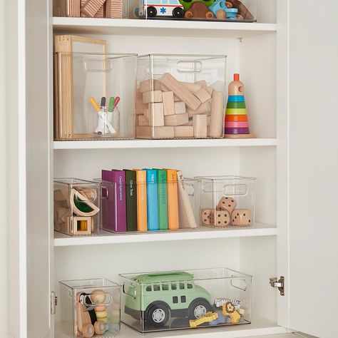 Storage Clear Bins, Acrylic Toy Storage, Clear Bins Organization, Acrylic Storage Ideas, Clear Bin Organization, Clear Toy Storage, Beach House Storage, Kid Storage, Kids Storage Solutions