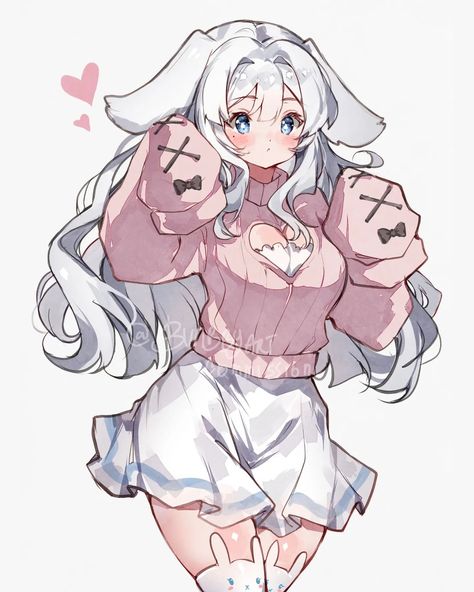 Corset Rosa, Poses Anime, Bunny Drawing, Pink Pin, Bunny Art, Anime Cat, Anime Oc, Cute Characters, White Hair