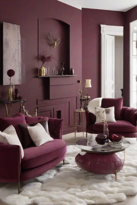 Bordeaux wall paint, white rug, living room decor, living room design, interior wall paint, home decor ideas, room color schemes Maroon Wall Paint, Bordeaux Living Room, Living Room Wall Color Ideas Indian, Aubergine Living Room, Burgundy Living Room Decor, Maroon Walls, Burgundy Living Room, Goth House, Burgundy Walls