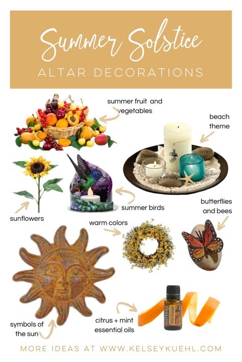 Summer Altar Ideas, Summer Solstice Symbols, Summer Solstice Altar Ideas, Litha Altar Summer Solstice, Litha Altar Ideas, Summer Solstice Decorations, Summer Solstice Altar, Sun Altar, Pagan Summer Solstice