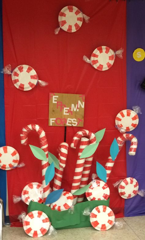 Candy cane forest Candy Cane Classroom Door, Candy Cane Forest, Christmas Hallway, Classroom Door Decor, Door Decorations Classroom Christmas, Door Decor Christmas, Christmas Classroom Door, Candy Cane Decorations, School Door Decorations