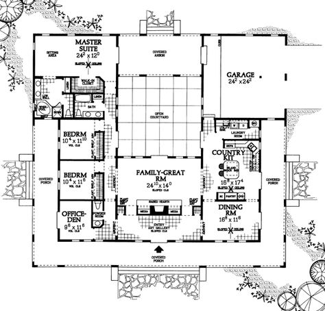 Plan Number 90268 | Order Code PT101 | FamilyHomePlans.com | 1-800-482-0464 Earthship Plans, Southwestern House Plans, Creative Houses, U Shaped House Plans, Southwestern House, Southwest House Plans, U Shaped Houses, Southwest House, Bush House