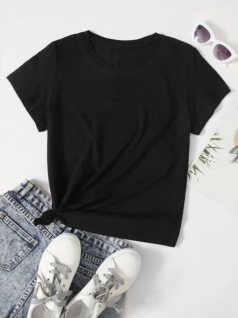 Solid Round Neck Tee | SHEIN USA Mock Up T Shirt, Clothing Mockup, T Shirt Mockup, Latest T Shirt, Round Neck Tees, Tshirt Mockup, Shirt Mockup, Tshirts Online, Simple Outfits