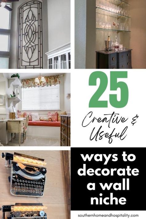 Decorate Awkward Wall, How To Decorate A Niche In The Wall, Floating Shelves In Wall Niche, Niche In Bedroom Wall, Hide A Hole In The Wall Ideas, How To Decorate Wall Insets, Decor For Wall Niche, Large Art Niche Decorating Ideas, What To Do With A Wall Niche