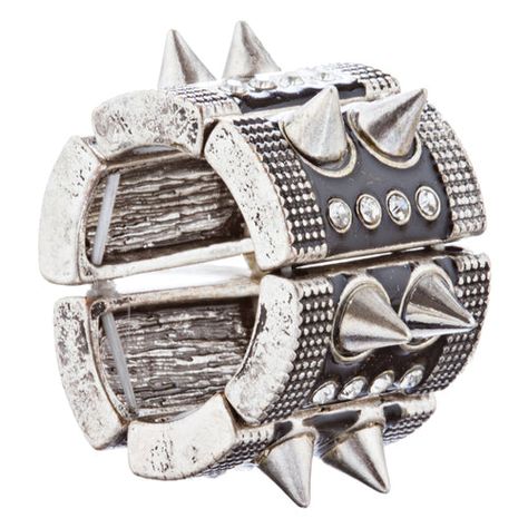 Amplify your fashion style with this chic spiked stretch ring. Ring is stretchable to fit most finger sizes. Color: Silver, Black Material: Crystal Rhinestones, Metal Casting, Rhodium Plated Dimensions (Size): Approx. 3.25" L x 0.75" W (Stretchable Band) Style: Spike, Fashion, Stretchable Ring Lead Compliant Winter Sunglasses, Red Acrylic Nails, Stretch Ring, Red Fits, Funky Jewelry, Cool Sunglasses, Fashion Ring, Goth Outfits, Metal Casting