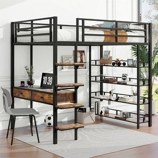 Twin/Full Size Metal Loft Bed with Bulit-in Desk and 2 Storage Drawers, Heavy Duty Loft Bedframe with 4-Tier Storage Shelves - Bed Bath & Beyond - 41296696 Desk And Shelves, Metal Loft Bed, Loft Bed With Desk, Loft Bed Frame, Bed With Desk, Tier Shelf, Iron Bed, Bed Frame With Storage, Teen Bedding