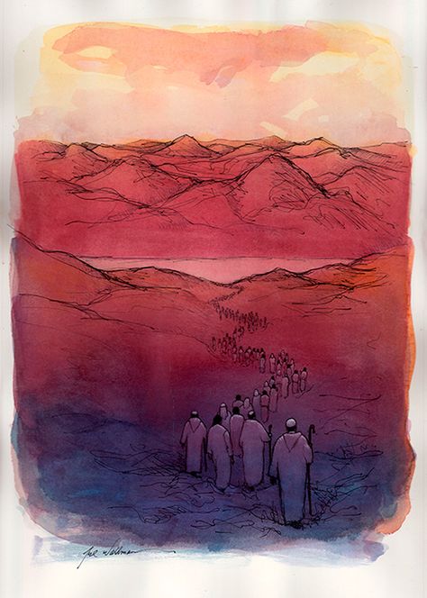 "The Promised Land Cover" original watercolor illustration from The Promised Land: The Birth of the Jewish People by Neil Waldman | R. Michelson Galleries Jewish Drawing, Kingdom Building, Church Painting, Promise Land, Dance Ideas, Judaica Art, Tangle Doodle, Bible Story, Promised Land