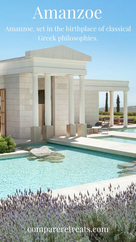 The holistic sanctuary follows its ethos in strengthening and building spiritual healing through its Hippocratic therapeutic treatments inspired by ancient traditions and medicines. Amanzoe Greece, Therme Vals, Greece Resorts, Hotels In Greece, Spa And Wellness, Greece Hotels, Beach Cabana, Against All Odds, Greek Culture