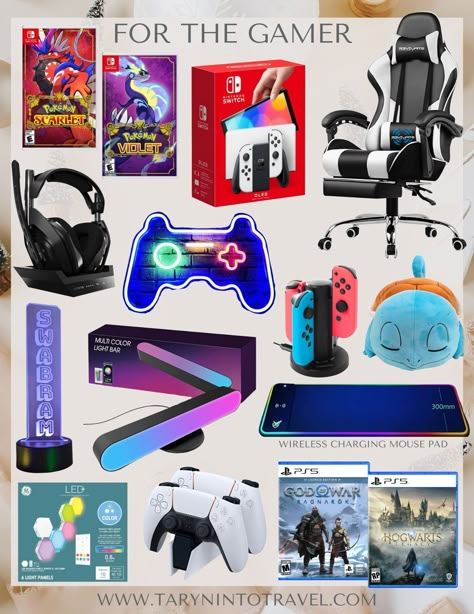 www.tarynintotravel.com | Gift Guide for the Gamer | Gamer Gifts | Pokemon Gifts | Gifts for the Playstation | Game Room Gifts | Gamer Gift Ideas | For Him | Nintendo Switch Games Gaming Boyfriend Gifts, Gamer Basket Ideas, Gamer Bf Gifts, Gamer Boyfriend Gift Ideas, Playstation Game Room, Gaming Gifts For Boyfriend, Gamer Gift Basket, Gamer Essentials, Gamer Boyfriend Gifts