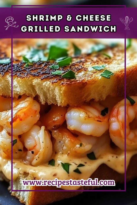 This delicious Shrimp & Cheese Grilled Sandwich features succulent shrimp sautéed with garlic and Italian seasoning, layered with melty mozzarella cheese, all nestled between crispy sourdough bread. Perfect for a quick and indulgent meal! Cheese Grilled Sandwich, Shrimp Cheese, Cheese Shrimp, Shrimp Grilled, Shrimp Sandwich, Sauteed Shrimp, Indulgent Food, Grilled Sandwich, Gooey Cheese