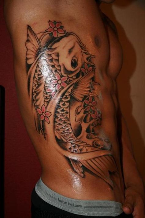 Koi Fish Tattoo On Ribs, Koi Rib Tattoo, Koi Fish Stomach Tattoo, Stomach Tattoos Ideas, Stomach Side Tattoos, Side Stomach Tattoos For Guys, Tattoo Side Rib, Tattoo On Stomach, Epic Tattoos