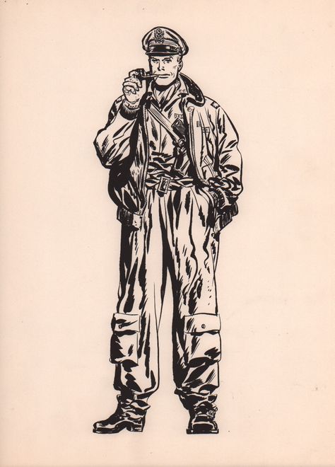 Here's a character print featuring Steve Canyon. Milton Caniff would sign and color prints like this for fans who requested artwork. Milton Caniff, Newspaper Comic Strip, Comic Book Drawing, Ligne Claire, Ink And Watercolor, The Pirates, Bd Comics, Classic Comics, Nose Art