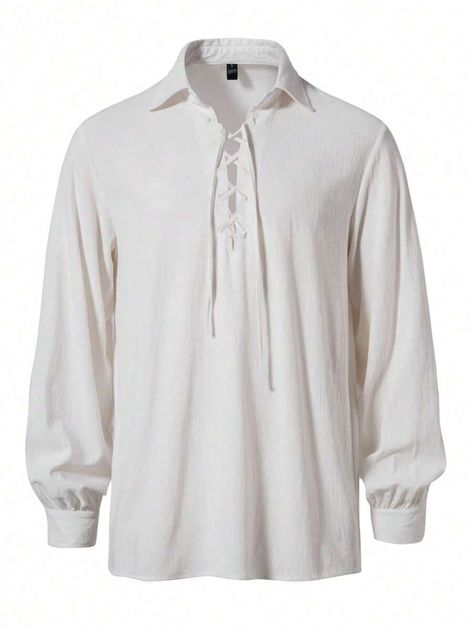 Men Lace Up Front Shirt | SHEIN USA Lace Shirt Men, Billowy Shirt, Long White Shirt, Men Shirts, Plain Tops, Lace Shirt, White Casual, Men Clothing, White Shirt