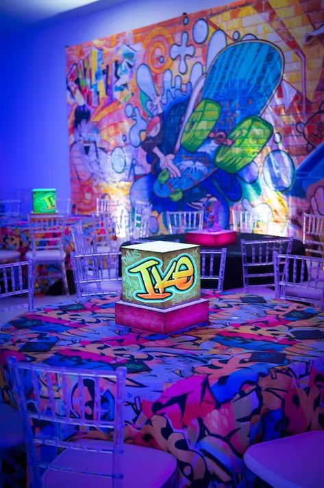 Graffiti Bar Mitzvah | RS Event Productions | PartySlate Graffiti Party Theme, Graffiti Wedding, Graffiti Theme, Hoco Dance, Glow Party Decorations, Graffiti Party, Graffiti Room, Bar Mitzvah Themes, Mitzvah Decor