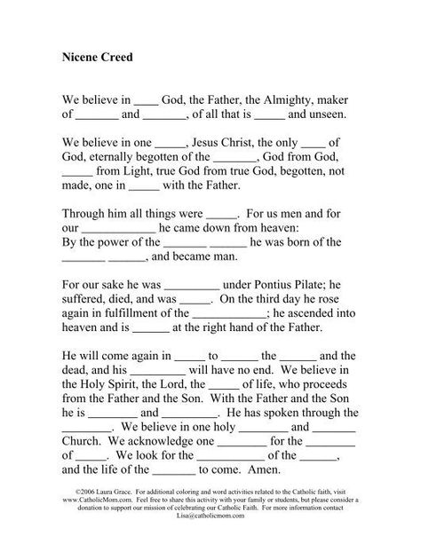 Nicene Creed Worksheet - Catholic Mom Nicene Creed Catholic, Catholic Kids Activities, Religion Activities, Nicene Creed, Catholic Sacraments, Catholic Confirmation, Catholic Beliefs, Apostles Creed, Bible Activities For Kids