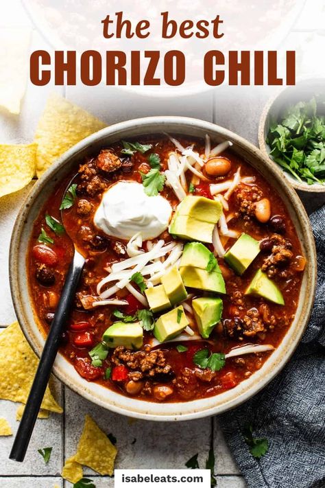 This Chorizo Chili is an easy one-pot meal that's both delicious and satisfying. Bold flavors of traditional chili with a Tex-Mex twist come together for a comforting dish, thanks to the addition of Mexican chorizo! Pinto Bean Chili Recipe, Chorizo Chili Recipe, Chorizo Recipes Dinner, Chorizo Chili, Dry Beans Recipe, Easy Crockpot Soup, Isabel Eats, Mexican Chorizo, Weekend Food