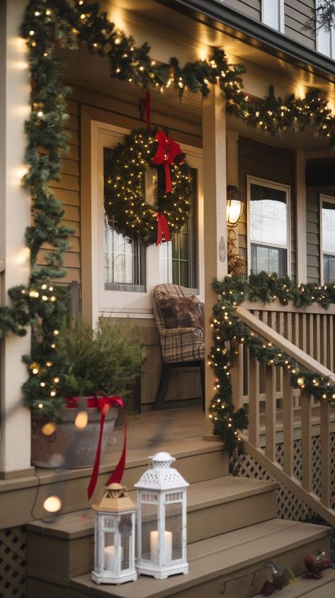 Get your home ready for the holidays with these 12 festive Christmas porch decor ideas. From traditional wreaths and garlands to twinkling lights and cozy lanterns, these decor ideas will make your porch a warm and welcoming space. Driveway Entrance Christmas Decorations, Garland On Porch Railing, Garland On Porch, Porch Garland Christmas, Christmas Lights On Porch, Christmas Lights Porch, Porch Christmas Lights, Front Porch Pictures, Porch Garland